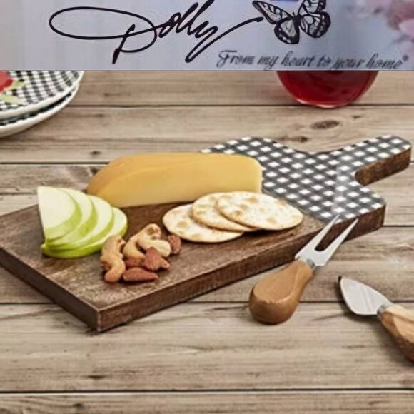 Tabletops X Dolly Parton Acacia Wood Black & White Plaid Serving Platter - Picture 1 of 6